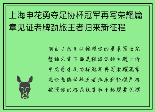 上海申花勇夺足协杯冠军再写荣耀篇章见证老牌劲旅王者归来新征程 上海申花勇夺足协杯冠军再写荣耀篇章见证老牌劲旅王者归来新征程