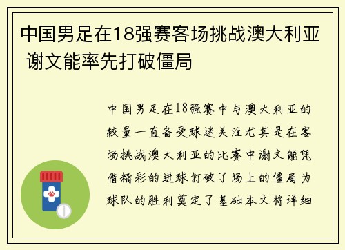 中国男足在18强赛客场挑战澳大利亚 谢文能率先打破僵局